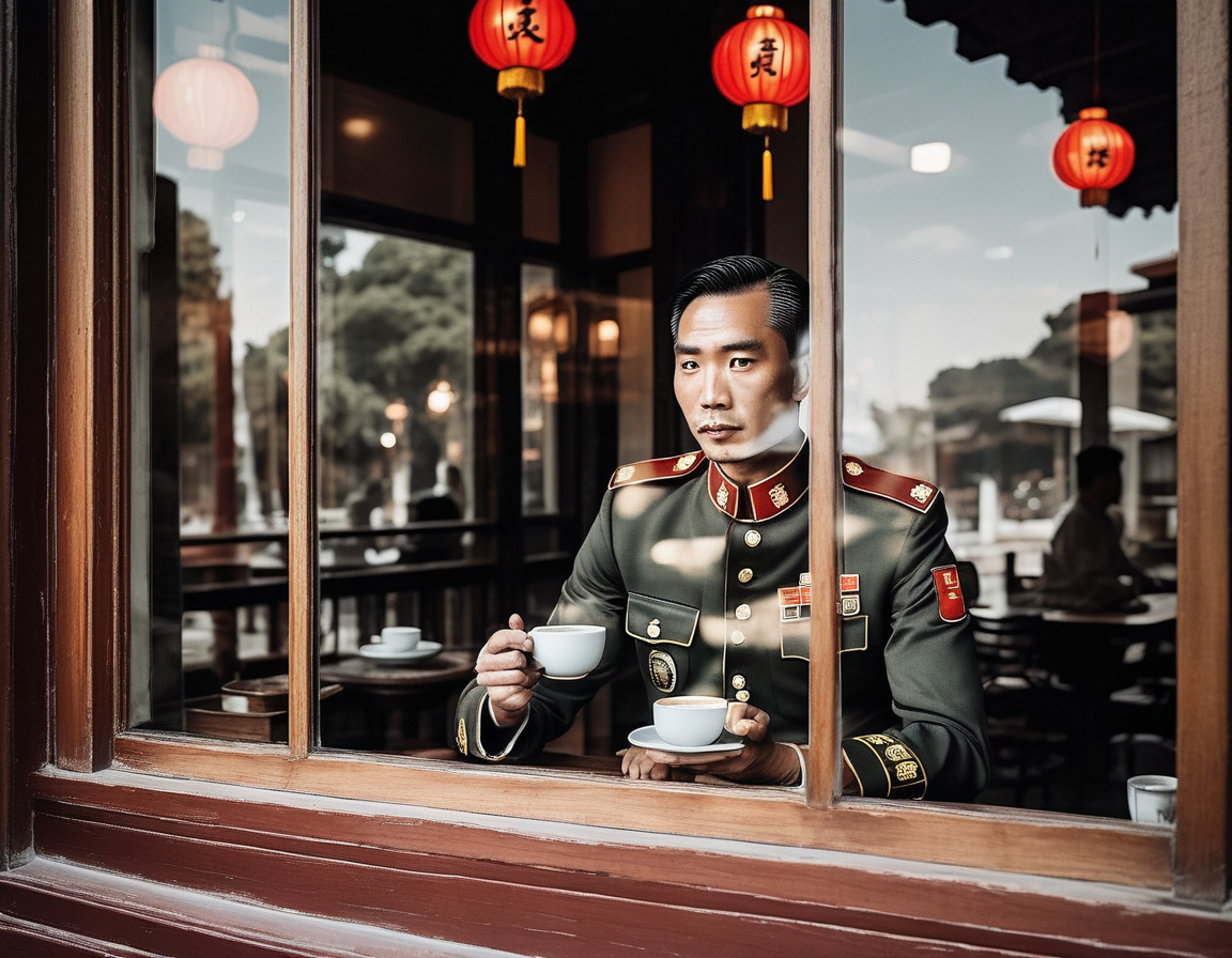 sunlight,A photorealistic image of a man in a well-detailed military uniform sitting in front of a large glass window. The man should be holding a cup of coffee, and his facial expression should be clearly visible, conveying a sense of calm or contemplation. The glass window should reflect traditional Chinese architecture, such as pagodas or ornate wooden structures, in a subtle yet noticeable manner. The lighting should be soft but sufficient to highlight the details on the man's face and uniform. The setting should be serene, perhaps with a touch of modern interior design elements to contrast with the traditional architecture reflected in the window,<lora:windowsback2:0.65>