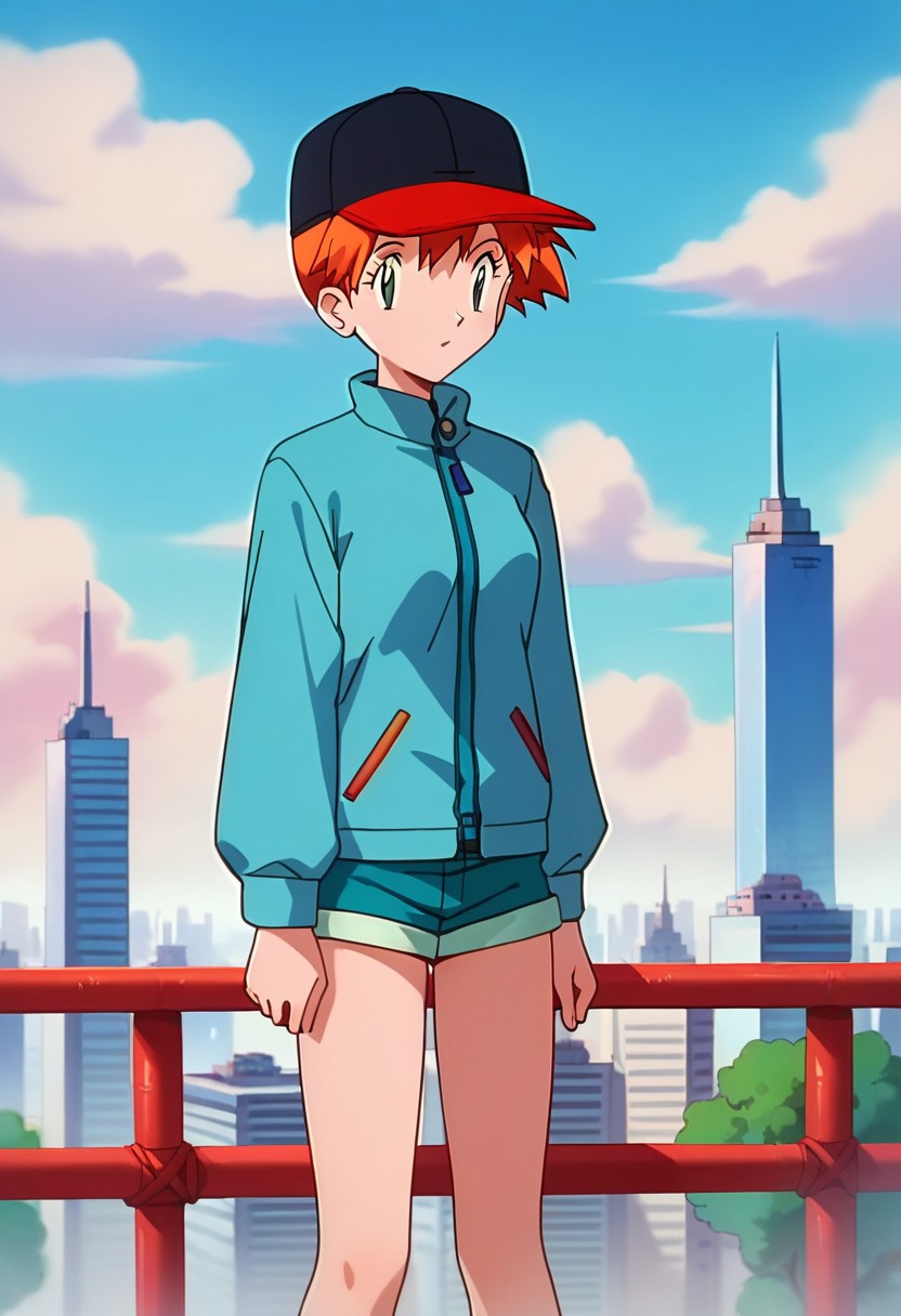 score_9, score_8_up, score_7_up, higres, source_anime
PKMNMisty, 1girl, orange hair, green eyes,
MistyDisguise, short hair, orange hair, eyelashes, baseball cap, black headwear, long sleeves, blue jacket, blue shorts,
standing, looking at viewer, cityscape, sky, day, clouds, solo