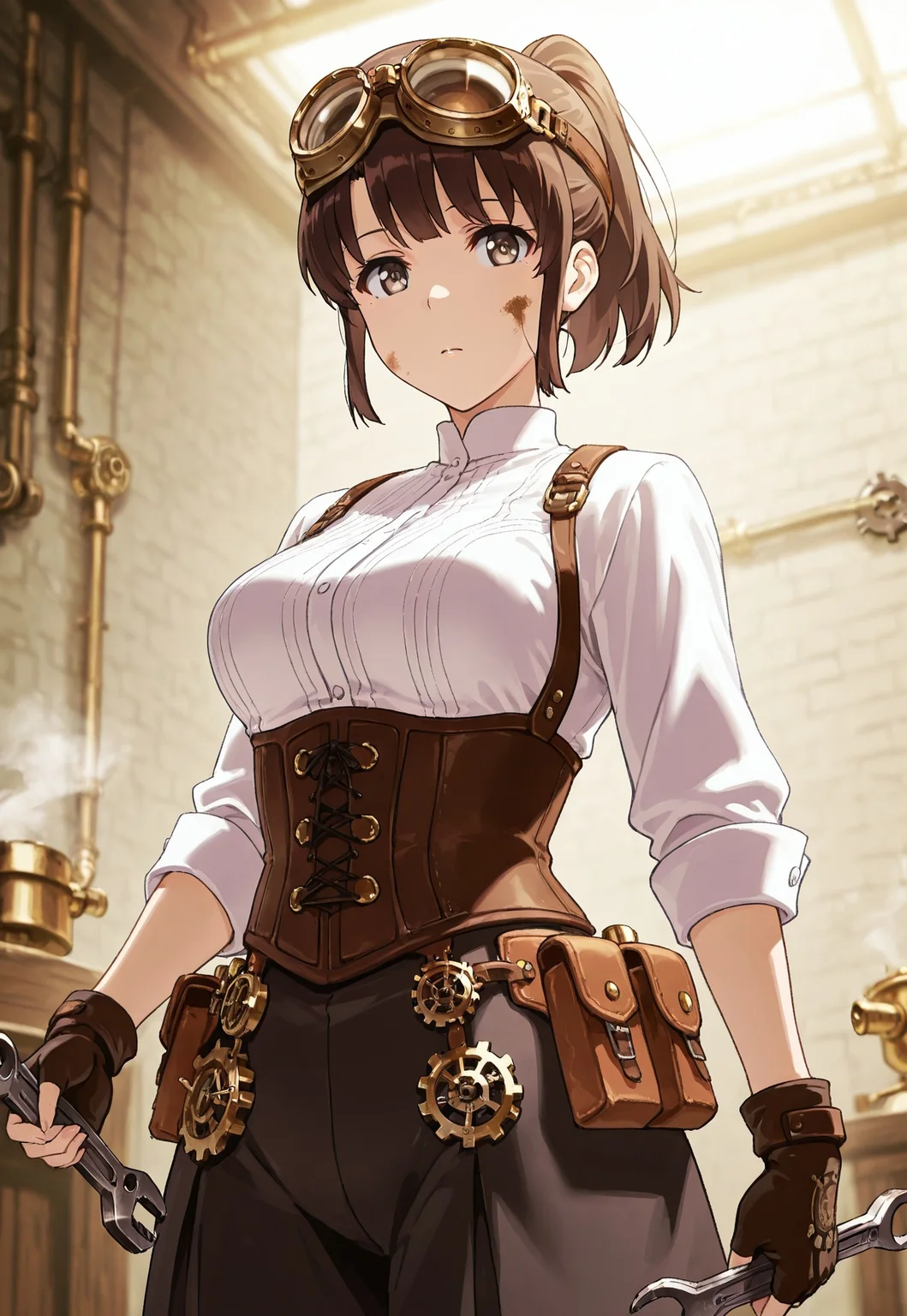 safe_pos, masterpiece, best quality, 1girl,Megumi <lora:IL-KatoMegumi:0.8>,brown hair,katou megumi,brown eyes,medium breasts, short hair, ponytail ,medium breasts, looking at viewer, masterpiece, best quality, steampunk engineer outfit, leather corset with brass buckles, goggles on head, fingerless gloves, Victorian workshop background, brass gears and clockwork, steam pipes, vintage machinery, floating cogwheels, holding wrench, determined inventor expression, oil smudge on cheek, industrial lighting, copper and brass tones, steam effects, mechanical contraptions, detailed mechanical parts, dutch angle composition,((eye fix)),((fingers fix))