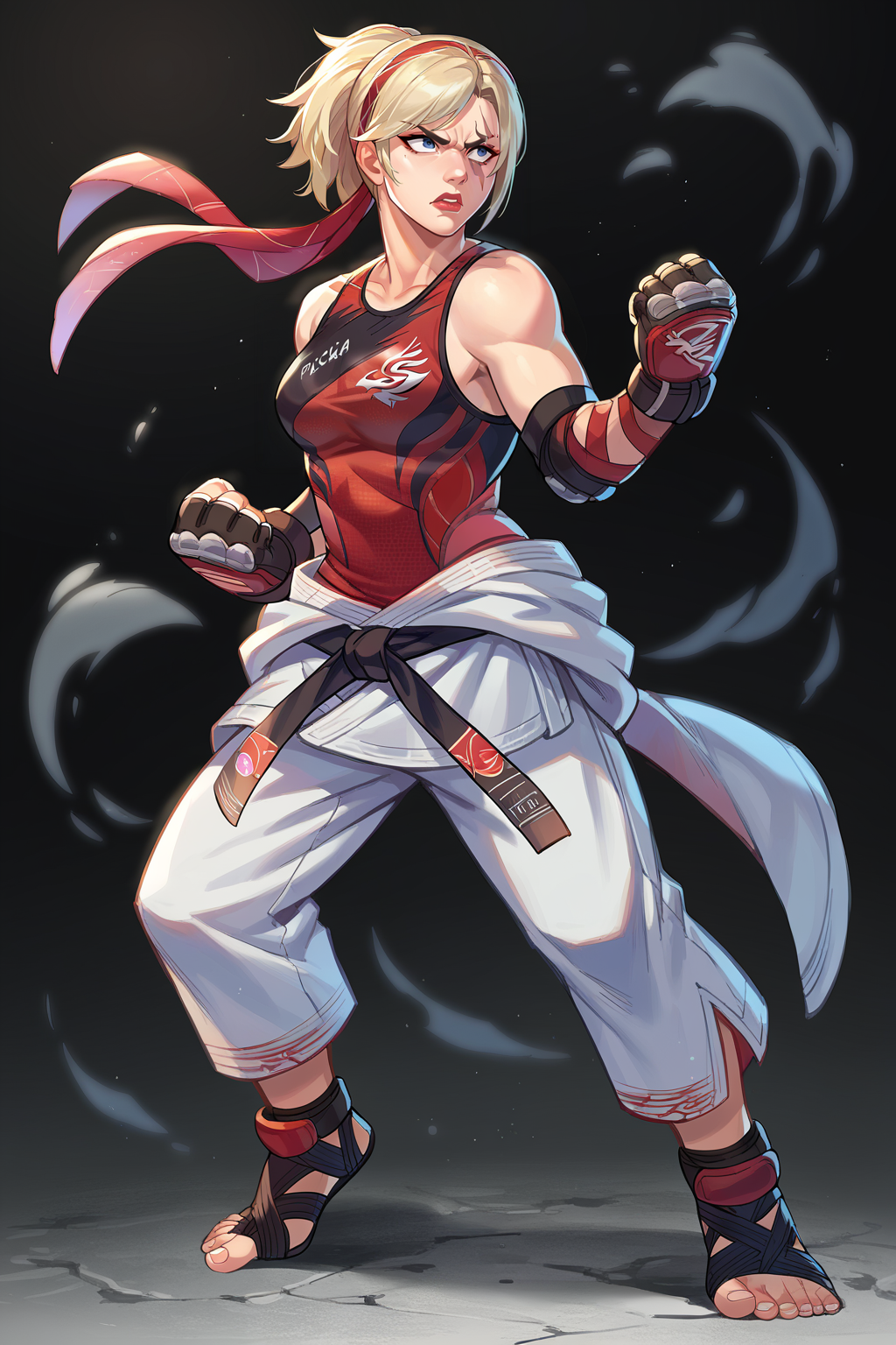 score_9, score_8_up, score_7_up, score_6_up, score_5_up, score_4_up, BREAK source_anime,solo
edgLidia,fingerless gloves,scar across one eye,ponytail,red hairband,black karate belt,clothes around waist,dougi,tank top short hair, bare shoulders, full body, belt, pants, lips, toes, headband, sandals, clenched hands, fighting stance, nose, toeless legwear
 <lora:edgLidiaTekkenPonyv1:1>