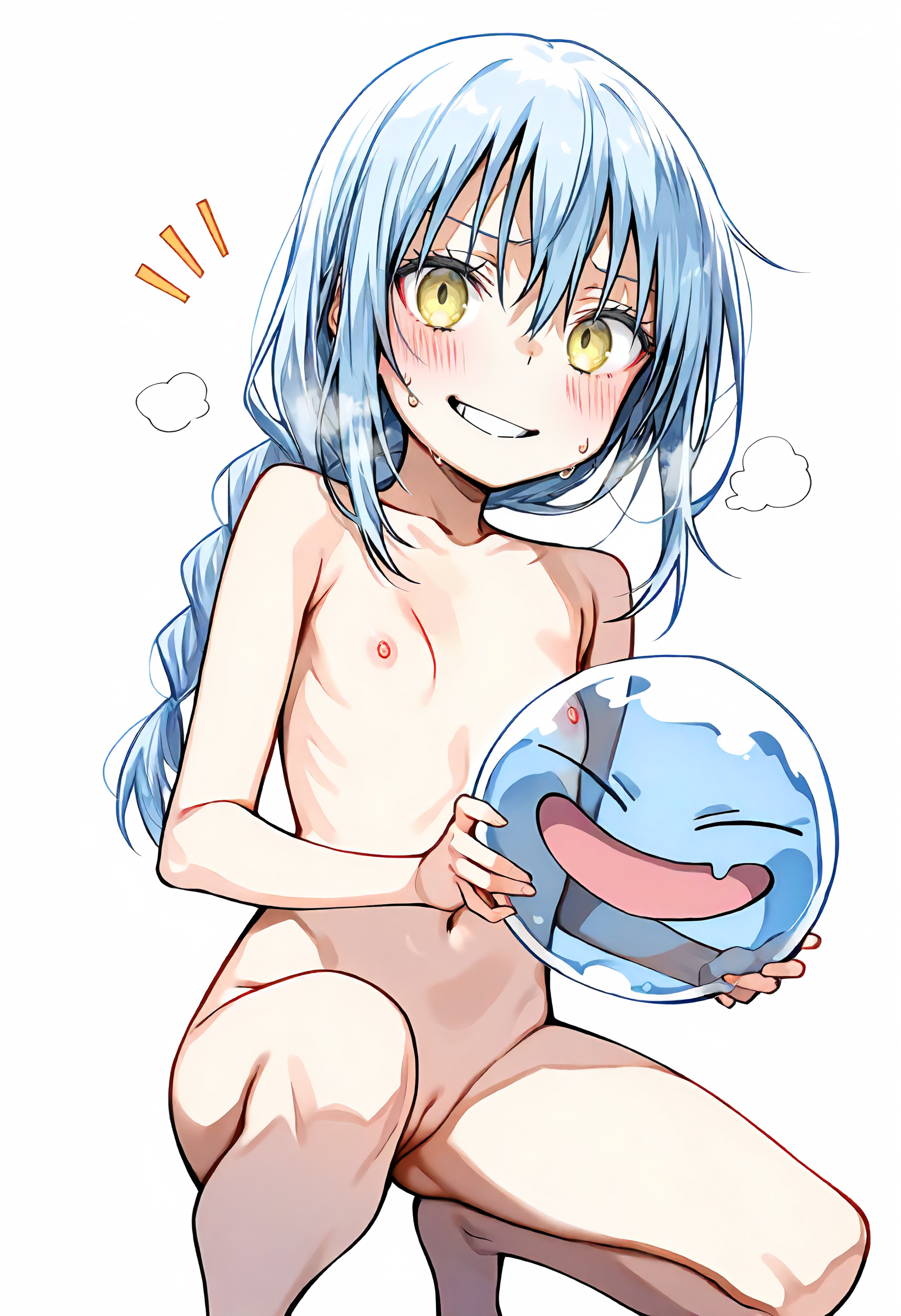 masterpiece, best quality, amazing quality, very aesthetic, absurdres, newest, scenery, perfect eyes, ultra detailed, faded colors, faded lines, watercolor,
1girl, Rimuru Tempest, solo, white hair, long hair, yellow eyes, vibrant eyes, thin, petite, tiny breasts, (faded colors, faded lines, watercolor),
naked, nude, braided ponytail,  nipples, navel, pussy,
squatting, one knee down, holding slime ball, slime creature, looking at viewer, shy smile, nervous grin, sweating, visible breath,
white background, simple background, beautiful frame,
<lora:æªç´å­__8154edrn_-_Artist_Style_-_Illustrious:1>1>
masterpiece, best quality, amazing quality, very aesthetic, absurdres, newest, scenery, perfect eyes, ultra detailed, faded colors, faded lines, watercolor,