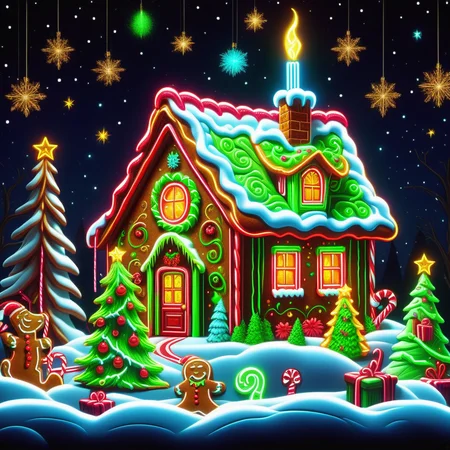 hyper detailed masterpiece, dynamic realistic digital art, awesome quality, DonMN30nChr1stGh0stsXL neon gingerbread house art, max (the grinch's dog), advent calendar,apple pie, tranquil and serene,radiant and glowing,heartfelt and sentimental, under cabinet lighting, exchanging gifts  <lora:DonMN30nChr1stGh0stsXL-000009:1>