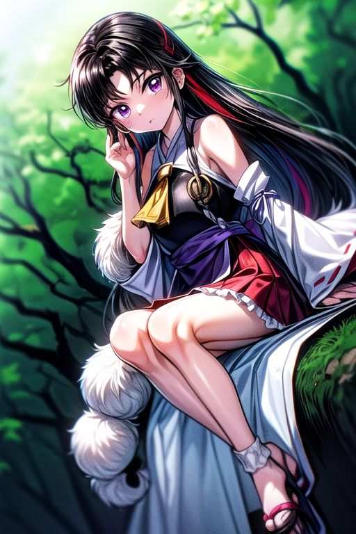 masterpiece,  best quality 1girl Setsun4 solo long hair,  (night time) forest background black hair very long hair purple eyes multicolored hair armor (fur trim) (medium body),<lora:EMS-179-EMS:0.800000>,<lora:EMS-293862-EMS:0.800000>ascot, bare shoulders, black footwear, detached sleeves, embellished costume, frills, japanese clothes, nontraditional miko, red skirt, sandals, sarashi, skirt, socks, white sleeves, white socks, wide sleeves, yellow ascot, zouri, armor, miko