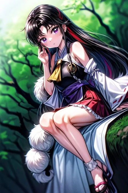 masterpiece, best quality 1girl Setsun4 solo long hair, (night time) forest background black hair very long hair purple eyes multicolored hair armor (fur trim) (medium body),<lora:EMS-179-EMS:0.800000>,<lora:EMS-293862-EMS:0.800000>ascot, bare shoulders, black footwear, detached sleeves, embellished costume, frills, japanese clothes, nontraditional miko, red skirt, sandals, sarashi, skirt, socks, white sleeves, white socks, wide sleeves, yellow ascot, zouri, armor, miko