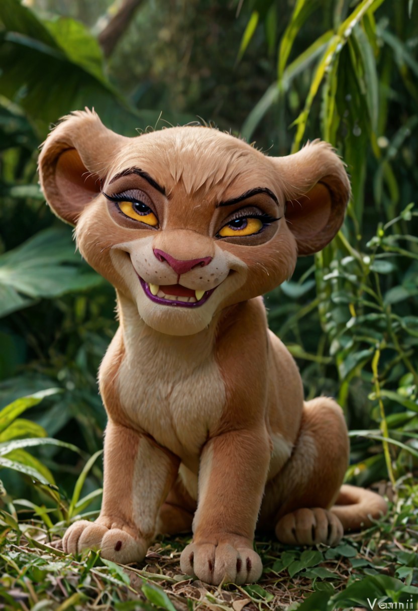 score_9, score_8_up, realistic, toony, disney, solo, 1girl, Vitani, textured fur, feral, hair over one eye, chibi, lioness cub, furry female, feral, eyeliner, yellow sclera, purple yes, fangs, evil smile, smug, jungle