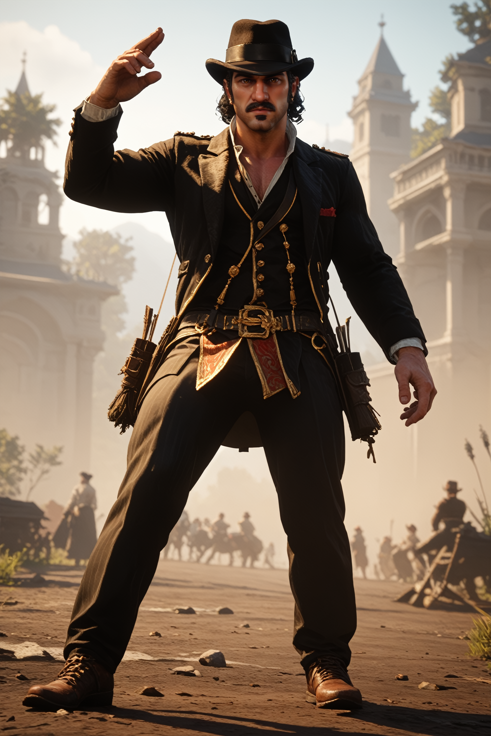 score_9, score_8_up, score_7_up,
<lora:RDR2Dutch:0.8>
RDR2Dutch, 1boy, black hair, brown eyes, facial hair, beard, hat, looking at viewer, full body, dynamic pose