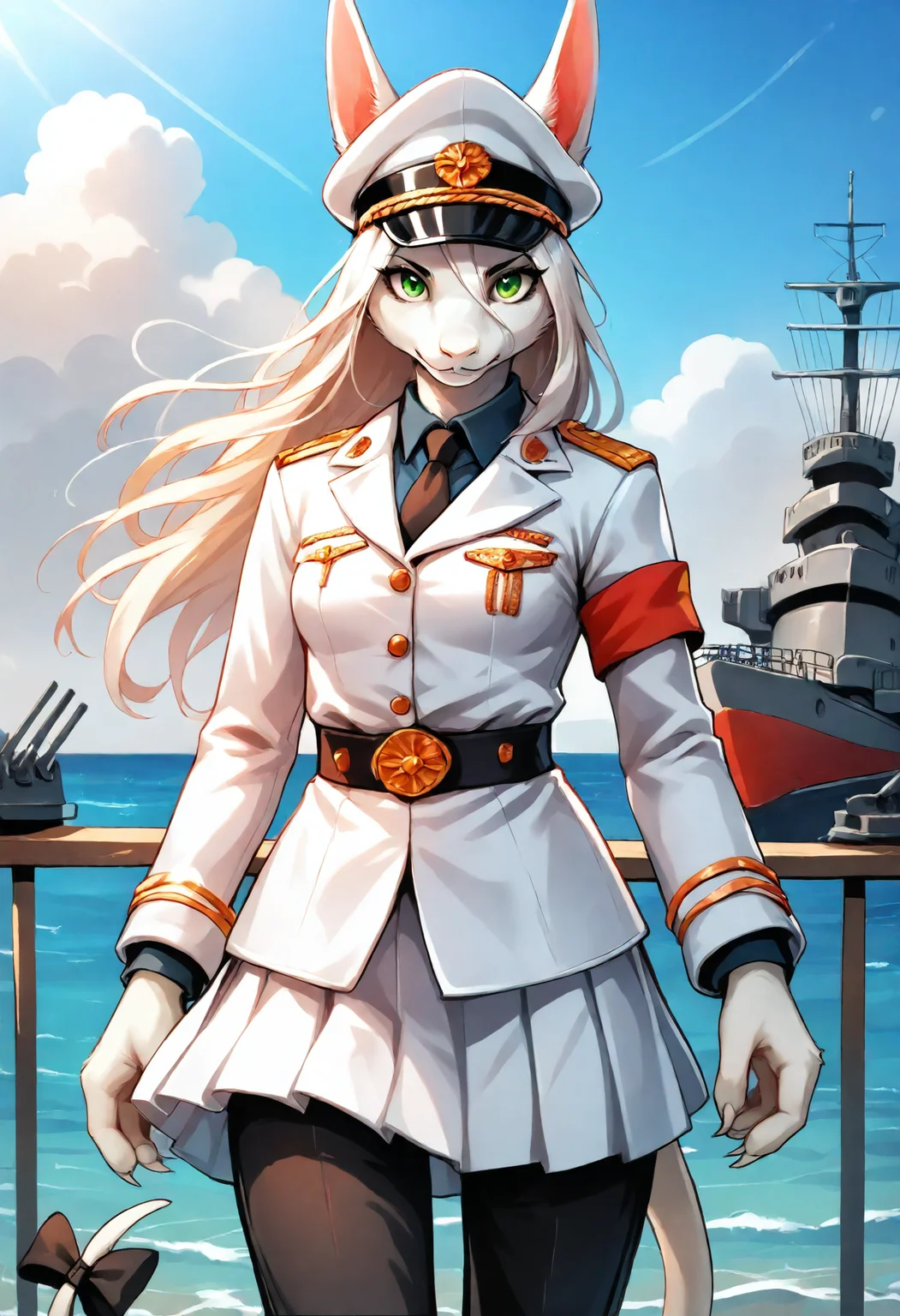 fluffy, tufts, furry, BREAK,
freyac, female, white fur, green eyes, white hair, soft shading, white military outfit, white general hat, ears, red armband, red accents, tie, white skirt, pleated skirt, medium breasts, looking at viewer, focused, serious, glare, standing, cowboy shot, solo, 1girl, long snout, white tail, black tailbow, black pants,
BREAK, sky, clouds, outdoors, day, battleship, battleship background, sea, ocean, grey structures, ship, grey railing, metal railing,
, <lora:Freya11b s97:1>