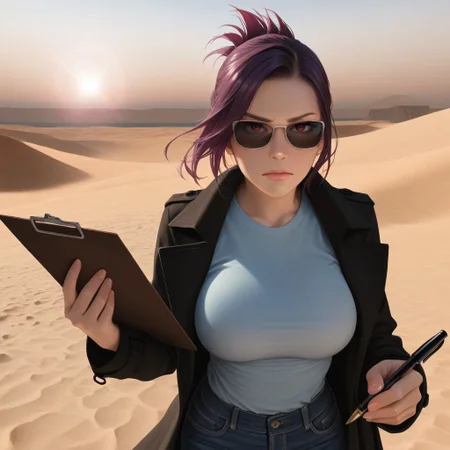 masterpiece, (realistic, scenery:1.3), outdoors, lens flare, best quality, amazing quality, very aesthetic, absurdres, newest, n0m0, sfw, 1girl, solo, sabia, human, purple hair, red eyes, folded ponytail, sunglasses, open long black trench coat, plain blue t-shirt (no logos, no text), blue jeans, black boots, large breasts, confident body language, (holding petition clipboard toward viewer:1.4), (pen in hand, asking to sign:1.4), (serious but composed expression:1.2), upper body, slightly leaned forward, cinematic POV, hot dry sunset lighting, soft sand underfoot, ocean behind, dry wind blowing coat edges, dramatic sky, rim lighting on face, intense desert air atmosphere