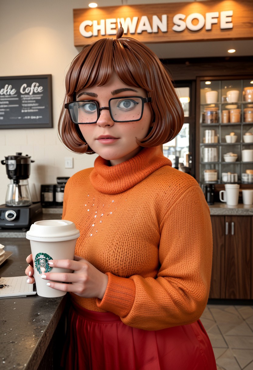 score_9, score_8_up, score_7_up Velma Dinkley age 27 orange sweater glasses freckles short skirt, drinking coffee in a coffee shop