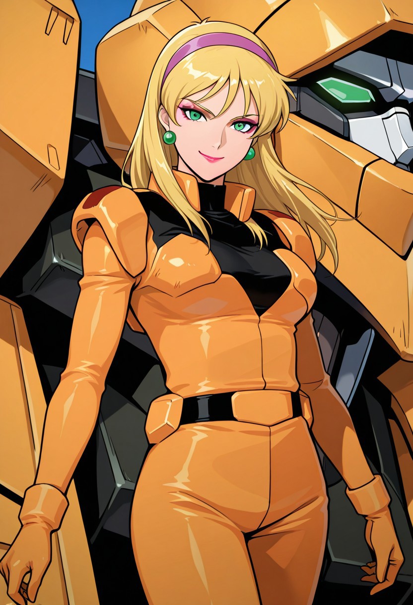 masterpiece, best quality, 32k, high resolution, absurdres, zanscare empire pilot suit, makeup, lipstick, mecha, blonde hair, green eyes, jewelry, hairband, smile, belt, looking at viewer