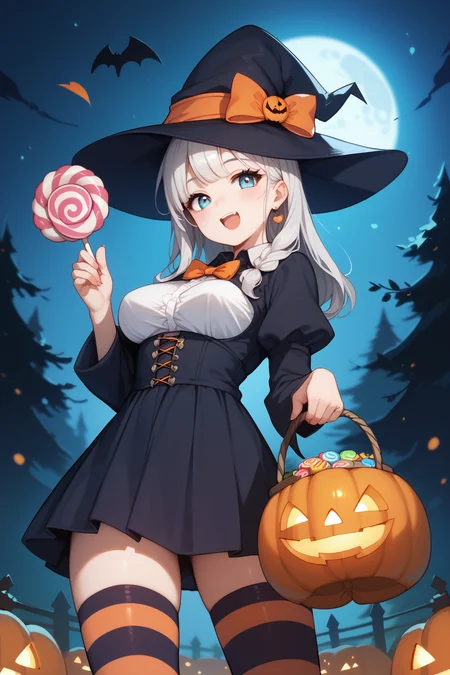 score_9, score_8_up, score_7_up, <lora:halloween:0.7>, A cute anime girl in a witch hat, holding a jack-o'-lantern bucket filled with candy. She's wearing striped thigh-highs and a Halloween-themed outfit. The background is a spooky forest with a full moon.