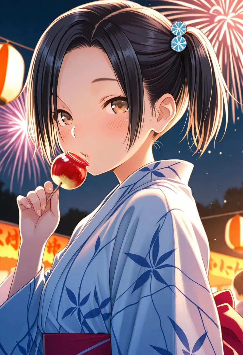 1girl, k_rinko, black hair, short twintails,parted bangs,forehead,, blush, Japanese clothes, yukata, hair ornament, apple candy, close-up, festival, fireworks, looking at viewer, simple background, sexy pose, outsides,masterpiece, best quality, ultra-detailed, best illustration, soft lighting, bloom, light particles, glow, shiny hair, detailed background, dynamic lighting, volumetric lighting, dynamic pose, dynamic angle,
