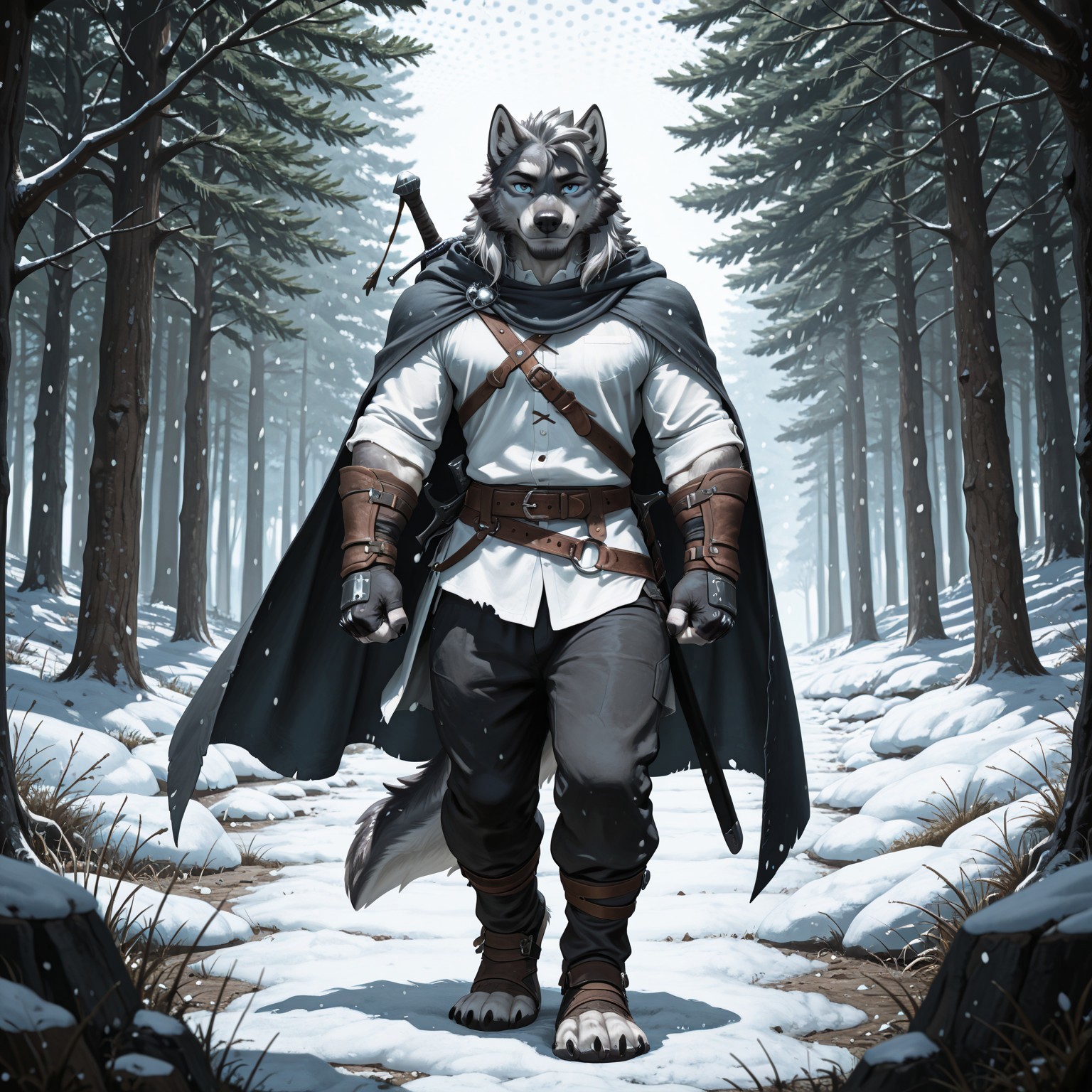 masterpiece, best quality, amazing quality, very aesthetic, high resolution, ultra-detailed, absurdres, newest, scenery, depth of field, scenery, volumetric lighting, by nightterror, furry, furry male, anthro, wolf, canine, 1boy, male focus, weapon, sword, solo, cape, tail, gloves, animal ears, sheath, full body, smile, fingerless gloves, sheathed, grey hair, wolf tail, belt, dotted background, simple background, wolf ears, wolf boy, standing, looking at viewer, pants, shirt, white shirt, closed mouth