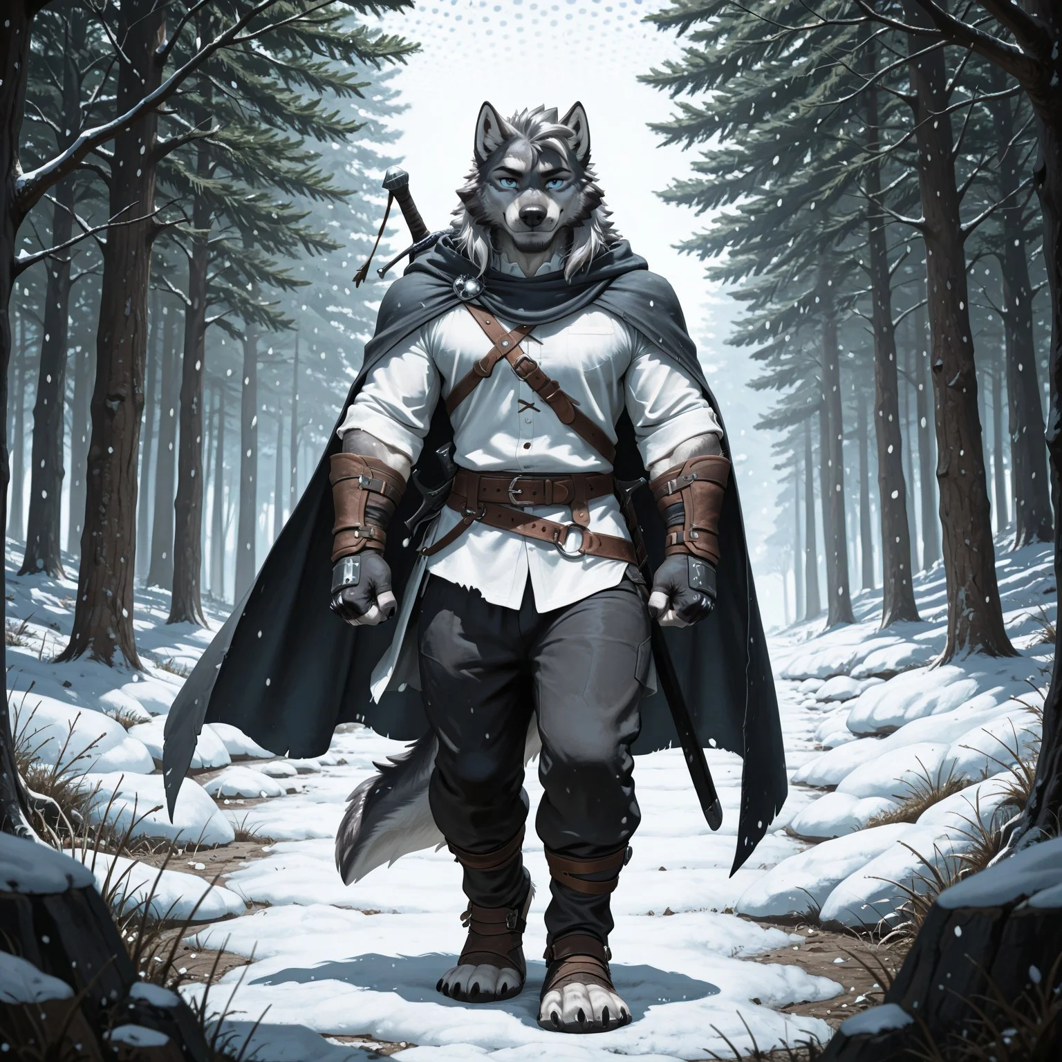 masterpiece, best quality, amazing quality, very aesthetic, high resolution, ultra-detailed, absurdres, newest, scenery, depth of field, scenery, volumetric lighting, by nightterror, furry, furry male, anthro, wolf, canine, 1boy, male focus, weapon, sword, solo, cape, tail, gloves, animal ears, sheath, full body, smile, fingerless gloves, sheathed, grey hair, wolf tail, belt, dotted background, simple background, wolf ears, wolf boy, standing, looking at viewer, pants, shirt, white shirt, closed mouth
