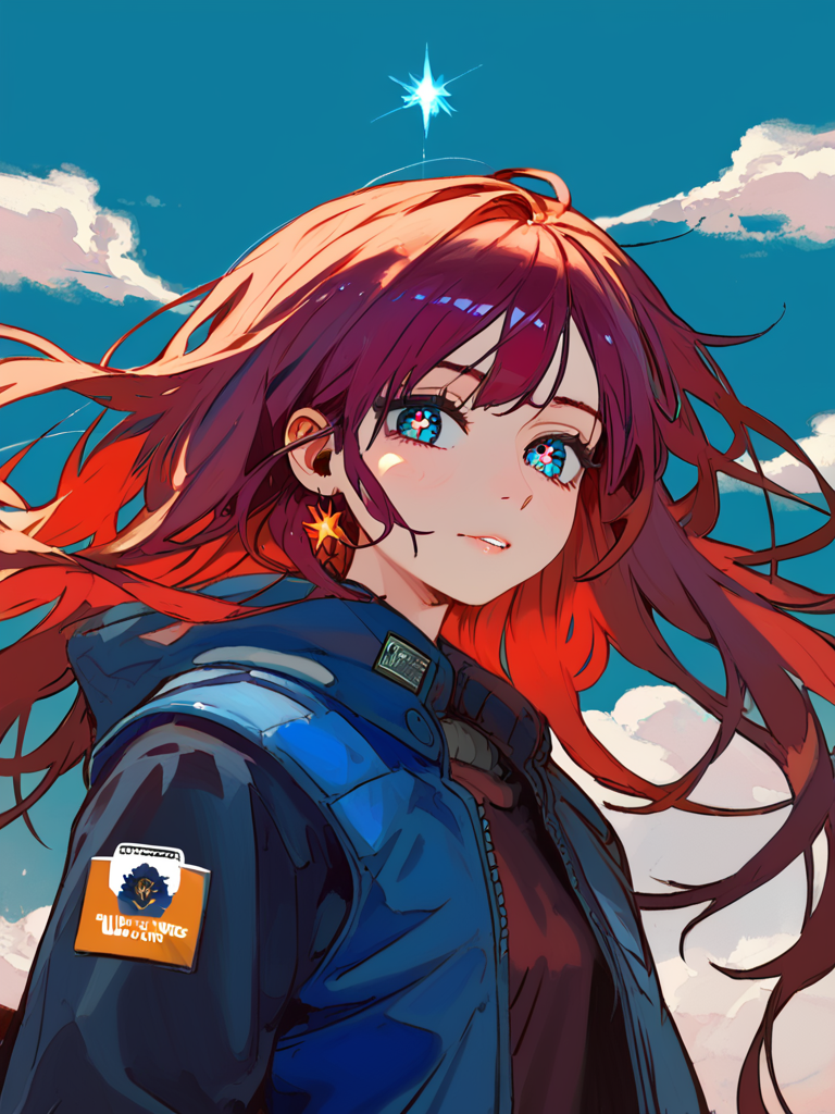 PDXL, <lora:KukkaV2:1>, kukk4, volumetric reflections, volumetric shadows, HDR, shot on Canon DSLR,
1girl, cute face, detailed eyes, long red hair, blue eyes, upper body BREAK galaxy in the background, clouds