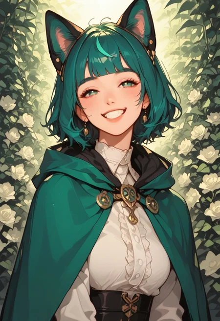 score_9, score_8_up, score_7_up, score_6_up, score_5_up, (art, (psychedelic), garden, sunlight, dog ears, metal floor, rose, green cape, tattered cape, hood up, pink dolled up dress, hair ornament, 1girl, pixie cut, teal hair, green streak, blunt bang, smile, happy)