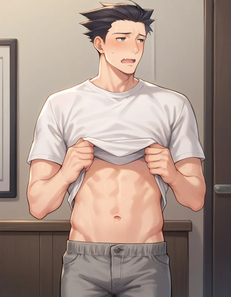 sscore_9, score_8_up, score_7_up, source_anime, phoenix wright, 1boy, male focus, solo, looking at another, half-closed eyes, open mouth, blush, embarrassed, indoors, pants, t-shirt, white shirt, grey pants, shirt lift, lifted by self, clothes lift, cowboy shot, short sleeves, navel, casual, bedroom, <lora:Phoenix_Wright__Ace_Attorney:1.0>