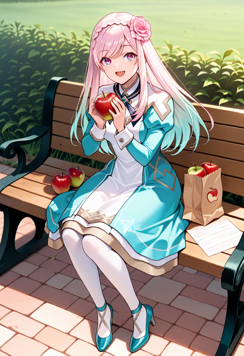 masterpiece, best quality,
SSJelly, 1girl, hair flower, pink hair, hair ornament, solo, long hair, open mouth, smile, crown braid,looking at viewer, dress, long sleeves, pink eyes, juliet sleeves, pink flower, :d, sleeve cuffs, swept bangs, outdoors, breasts, gradient hair,aqua high heels,white pantyhose,holding apple,w arms, sitting on bench, (apple-filled paper bag beside her:1.2), (peaceful expression:1.1), (urban park:1.0), (sunny afternoon:1.1), (leaf shadows on ground:0.9), (wooden bench:1.1), (paved walkway:0.8), (green grass background:1.0),