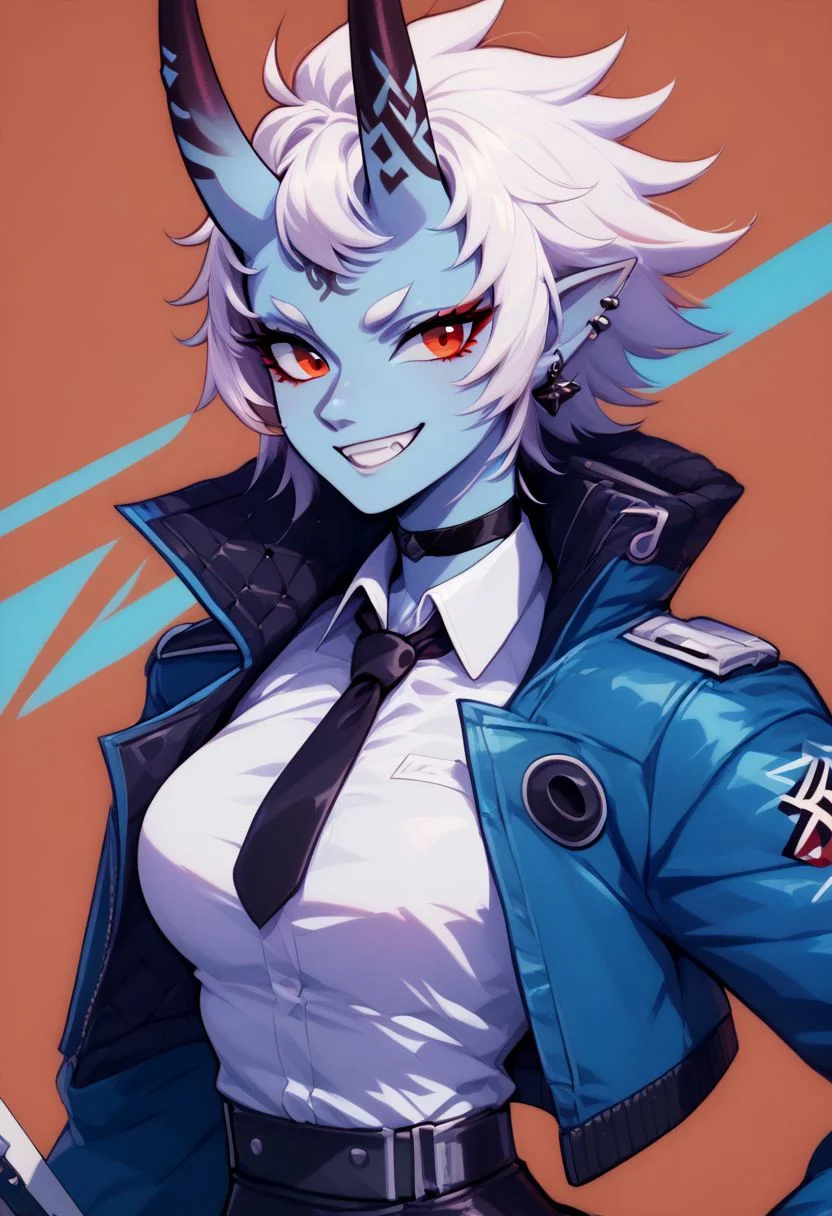 score_9, score_8_up, score_8, big breasts, (curvy), cute, eyelashes, 
BREAK, 
soukaku, red eyes, blue skin, white hair, short hair, horns, oni, black choker, blue jacket, white collared shirt, black tie, black skirt, 
soukaku, looking at viewer, smile, short hair, shirt, holding, jewelry, jacket, white shirt, upper body, weapon, earrings, necktie, teeth, choker, collared shirt, grin, open jacket, black choker, piercing, blue jacket, ear piercing, black necktie,
 zPDXL,