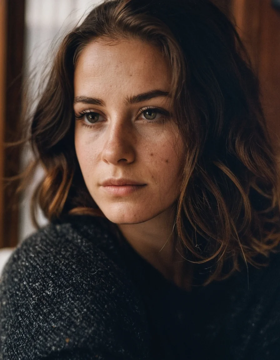 front shot, portrait photo of a 25 y.o american woman, looks away, natural skin, skin moles, cozy interior, (cinematic, film grain:1.1)
