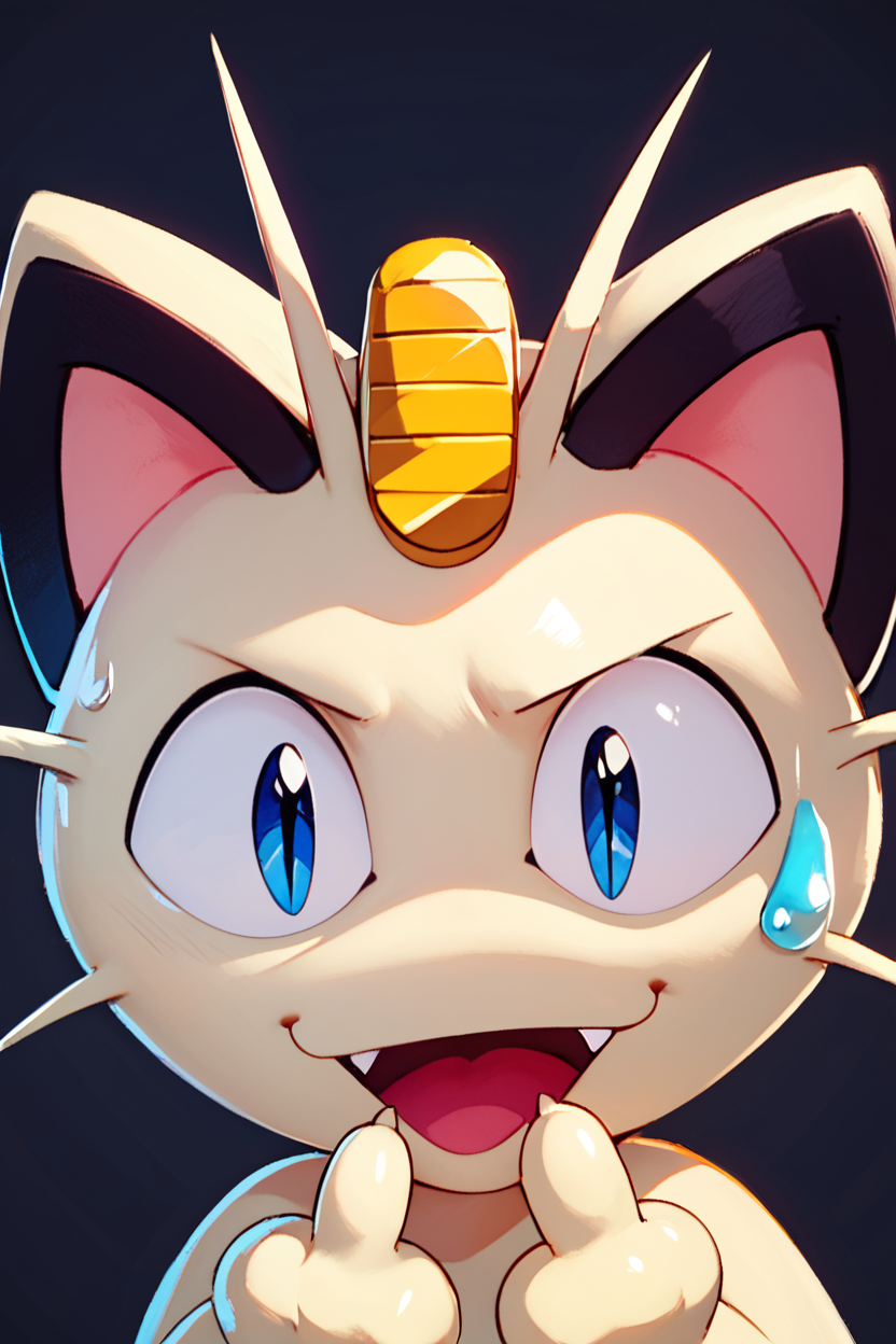 score_9, score_8_up, score_8,  ,,,  zzMeowth, smile, open mouth, blue eyes, simple background, sweatdrop, :3, fangs, looking up, slit pupils, black background, meme, middle finger,  ,<lora:MeowthPokedexPDXL:1.0>,   ,,, ,,, embedding:zPDXL, Expressiveh, <lora:CatalystStylePDXL:0.6>,  <lora:SDXLFaeTastic2400:0.5>,  <lora:Expressive_H-000001:0.4>,