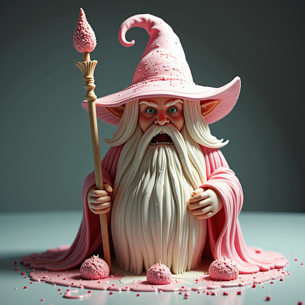 a professional (film grain:1.2) photography of a made entirely out of ice cream GelatoStyle legendary dark elf wizard,, highly detailed, d & d, fantasy, highly detailed, digital painting, trending on artstation, concept art, sharp focus, illustration, global illumination, ray tracing, realistic shaded, art by artgerm and greg rutkowski and fuji choko and viktoria gavrilenko and hoang lap<lora:GelatoStyleFlux:0.75>