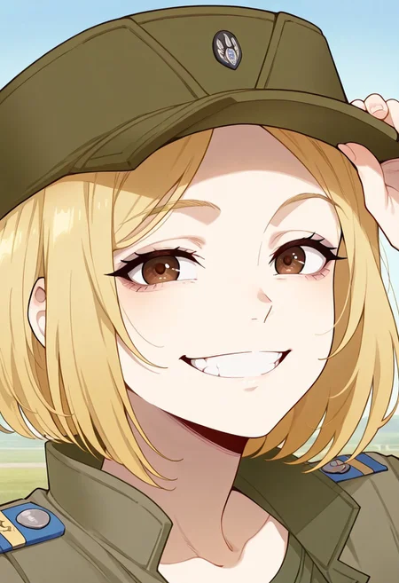 screencap, masterpiece, best quality, (Expressiveh),
1girl, solo female, marichka, blonde hair, short hair, brown eyes, military uniform, military hat, portrait, cute, beautiful, close up up close, close, looking at viewer, happy, smile, clenched teeth, hand on cap, tipping cap,