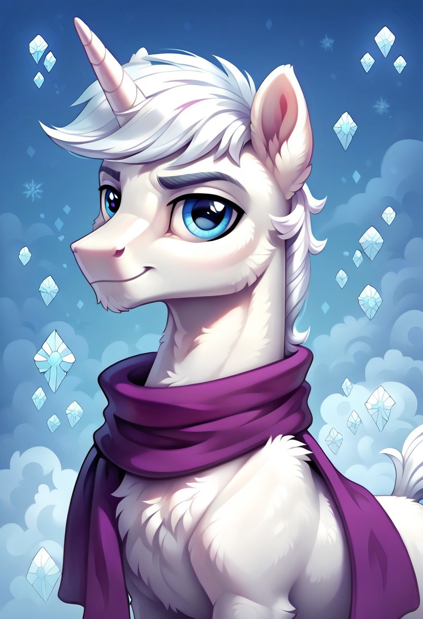 score_9, score_8_up, score_7_up, score_6_up, score_5_up, score_4_up, my little pony, ((feral pony)), ((double diamond)), 1MAN, ((solo)), (sexy), beautiful, detailed, (detailed handsome pony face), detailed blue eyes, ((detailed pure white fur:1.9)), muscular stallion:1.5, beautiful, vector, (beautiful feral unicorn pony), (beautiful white hair), (light blue crystal background:1.5), (looking at you), (calm expression), snowflakes, snowing, purple scarf