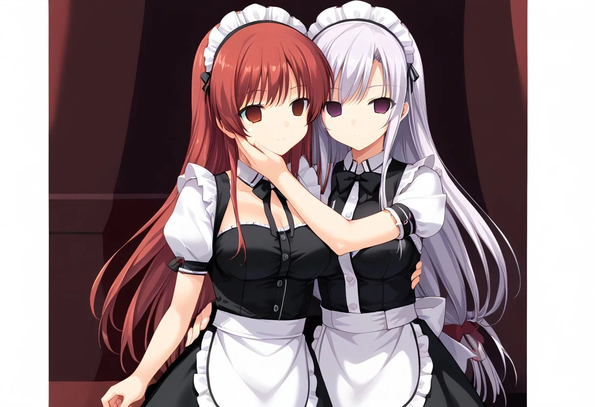 anime, empty eyes, hypnotized, blank stare, expressionless, two girls, adult, close up, long hair, maid outfit, hug from behind, hand on anothers head, hand on cheeks