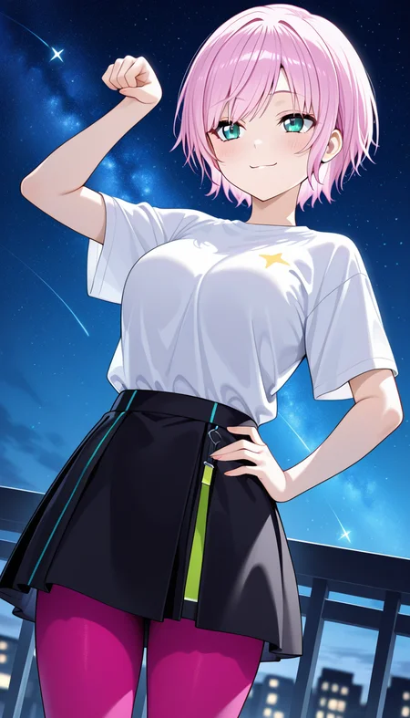 masterpiece, best quality, very aesthetic, absurdres,
solo, 1girl,
nijiriri, blue eyes, green eyes, pink hair, short hair,
smirk,
skirt, simple background, shirt, star \(symbol\), standing, white shirt, short sleeves, black skirt, hand on hip, t-shirt, pink pantyhose,
night, cat pose, outside, stars in sky,
