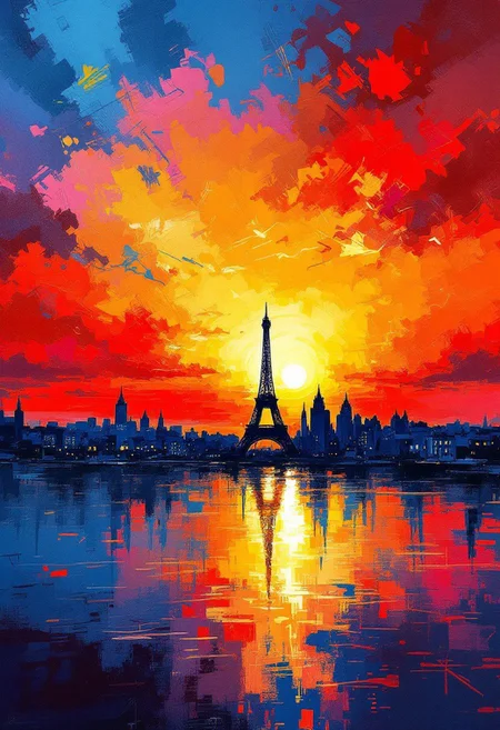 A vibrant and dynamic abstract expressionist painting of a spectacular Parisian sunset. The artwork features the city skyline silhouetted against a fiery sky, with bold, sweeping brushstrokes that capture the essence of a contemporary abstract style. The sky is filled with subtle cloud formations and variations in texture, creating a complex and nuanced atmosphere. The reflections on the water are intricately detailed, with nuanced color transitions and finer brush strokes enhancing the depth and realism. The seamless blend between the sky and the horizon showcases a natural transition from the bright sun to the darker areas, making this painting a true masterpiece of modern art., painting, vibrant, illustration