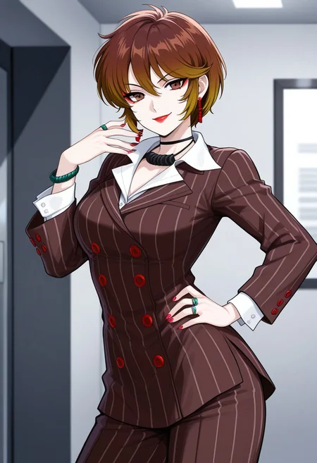 masterpiece, best quality, 1girl, looking at viewer, smile, cowboy shot, assertive female, office
 <lora:zs_ReihoILLU:1> reids, multicolored hair, brown hair, blonde tips, short hair, pinstripe suit, brown suit, pinstripe pants, white shirt, lipstick, makeup, eyeshadow, nail polish, earrings, bracelet, black choker, ring