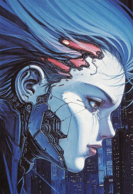 retro game art, traditional media, detailed texture, marker (medium), 1girl, solo, cyberpunk, cyborg, city, neon, portrait, masterpiece, detailed, dynamic, knva, action,