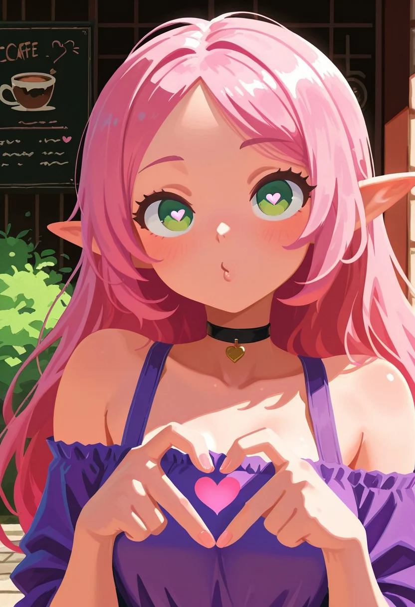 solo, o3o, imminent kiss,
elf girl, pink hair, green eyes, heart pupils, hearts, in love, t4kar4i_illu, no_outlines, no lineart, bare shoulders, purple shirt, heart hands, portrait, outdoors, cafe,
masterpiece, best quality, absurdres, (dynamic pose)