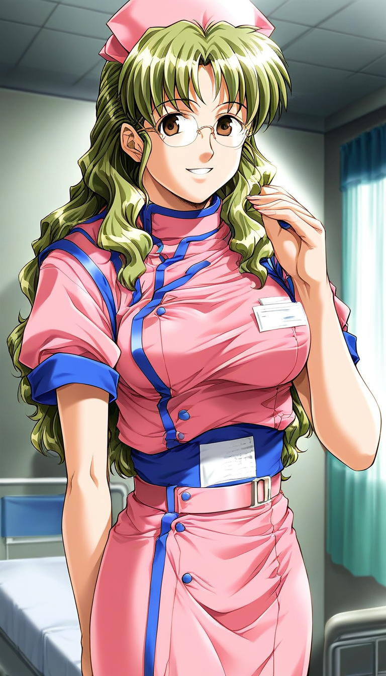 score_9, score_8_up, score_7_up, source_anime, rating_explicit, BREAK  <lora:Akimoto_Aoi_XL:1> Akimoto_Aoi, glasses, long hair, light green hair, brown eyes, breasts,
Akimoto_Aoi, 1girl, solo, nurse, hat, pink nurse cap, pink uniform, blue line, smile, belt, indoors, looking at viewer,
hospital, room,