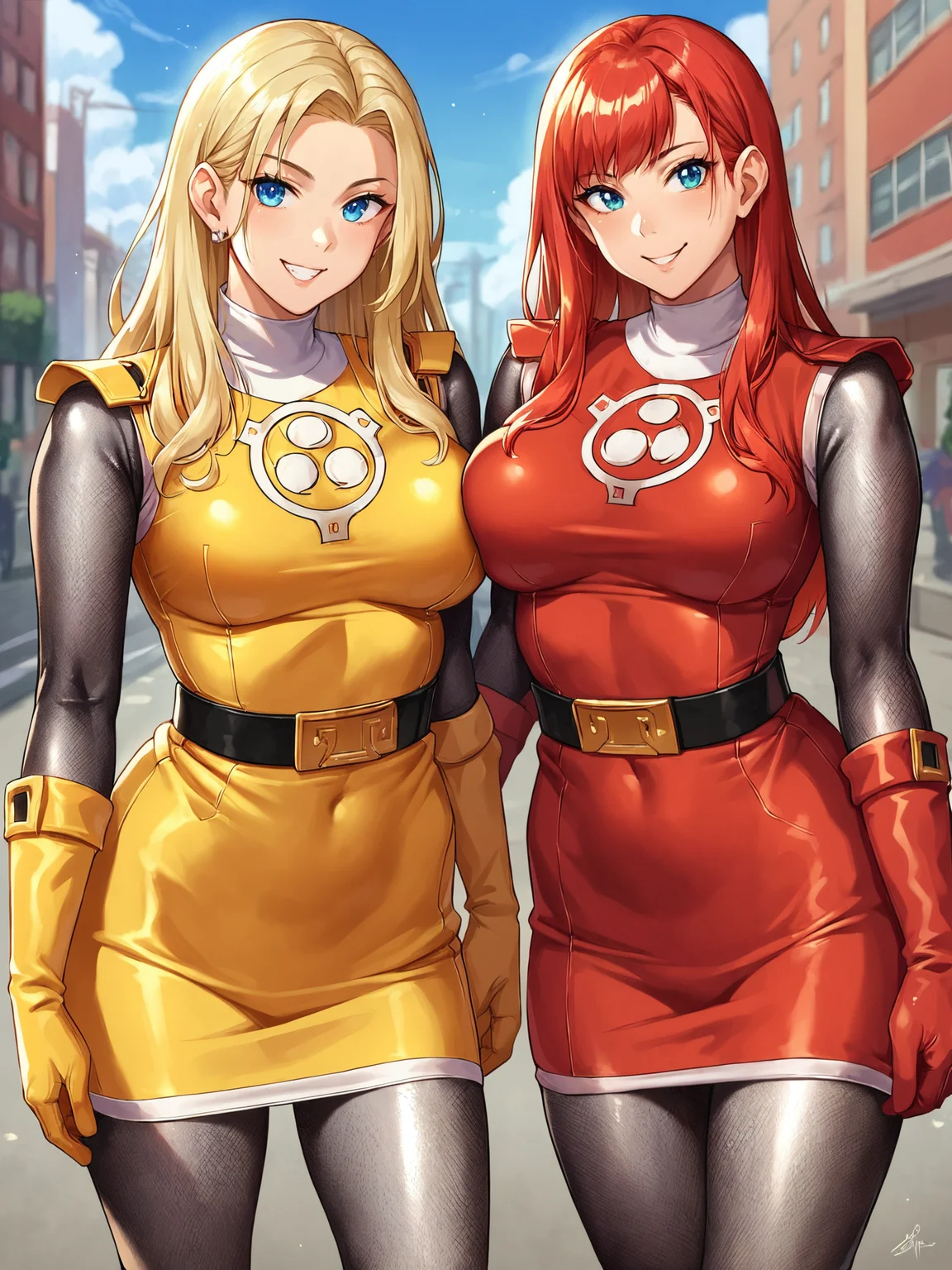 score_9, score_8_up, score_7_up, 2girls, sentaikageblue, shiny clothes, spandex, <lora:Kage_Blue:1>, silver bodysuit, fishnet bodysuit, bodysuit under clothes, shoulder pads, black belt, no headwear, outdoors, city, street, cowboy shot, arms at sides, looking at viewer, smile
2girls, yellow dress, yellow skirt, yellow gloves
2girls, red dress, red skirt, red gloves