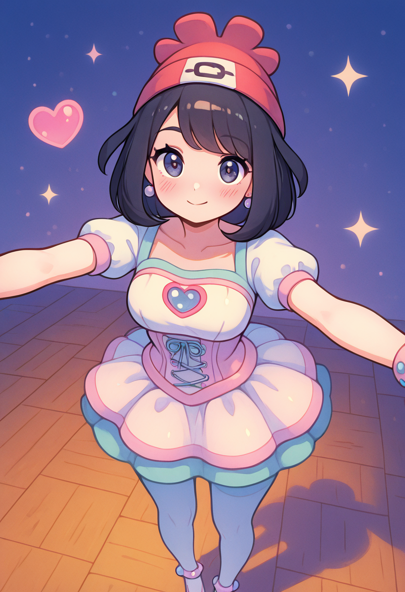 masterpiece, best quality, solo, curvy, beautiful eyes, narrow waist, wide hips, 1girl, solo, smile, looking at viewer, dynamic angle, foreshortening, close up,    zzSelene, 1girl, solo, black hair, green shorts, red headwear, beanie, <lora:SeleneIXL:1.0>,    k4w4iim1r41, cute outfit, pastel clothes,  <lora:KawaiiMirai_IXL:1.2>, [Bubblegum Ballerina], pastel pink tutu skirt, satin ribbon corset, lace-trimmed ballet flats, puffed mesh sleeves, heart-shaped hair clips, glittery blush cheeks, sheer tights with stars, oversized bow headband, pearl anklet, candy-shaped earrings, mirrored dance studio, sunlight on wooden floor, graceful pose, warm smile,