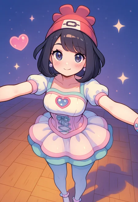 masterpiece, best quality, solo, curvy, beautiful eyes, narrow waist, wide hips, 1girl, solo, smile, looking at viewer, dynamic angle, foreshortening, close up,    zzSelene, 1girl, solo, black hair, green shorts, red headwear, beanie, <lora:SeleneIXL:1.0>,    k4w4iim1r41, cute outfit, pastel clothes,  <lora:KawaiiMirai_IXL:1.2>, [Bubblegum Ballerina], pastel pink tutu skirt, satin ribbon corset, lace-trimmed ballet flats, puffed mesh sleeves, heart-shaped hair clips, glittery blush cheeks, sheer tights with stars, oversized bow headband, pearl anklet, candy-shaped earrings, mirrored dance studio, sunlight on wooden floor, graceful pose, warm smile,