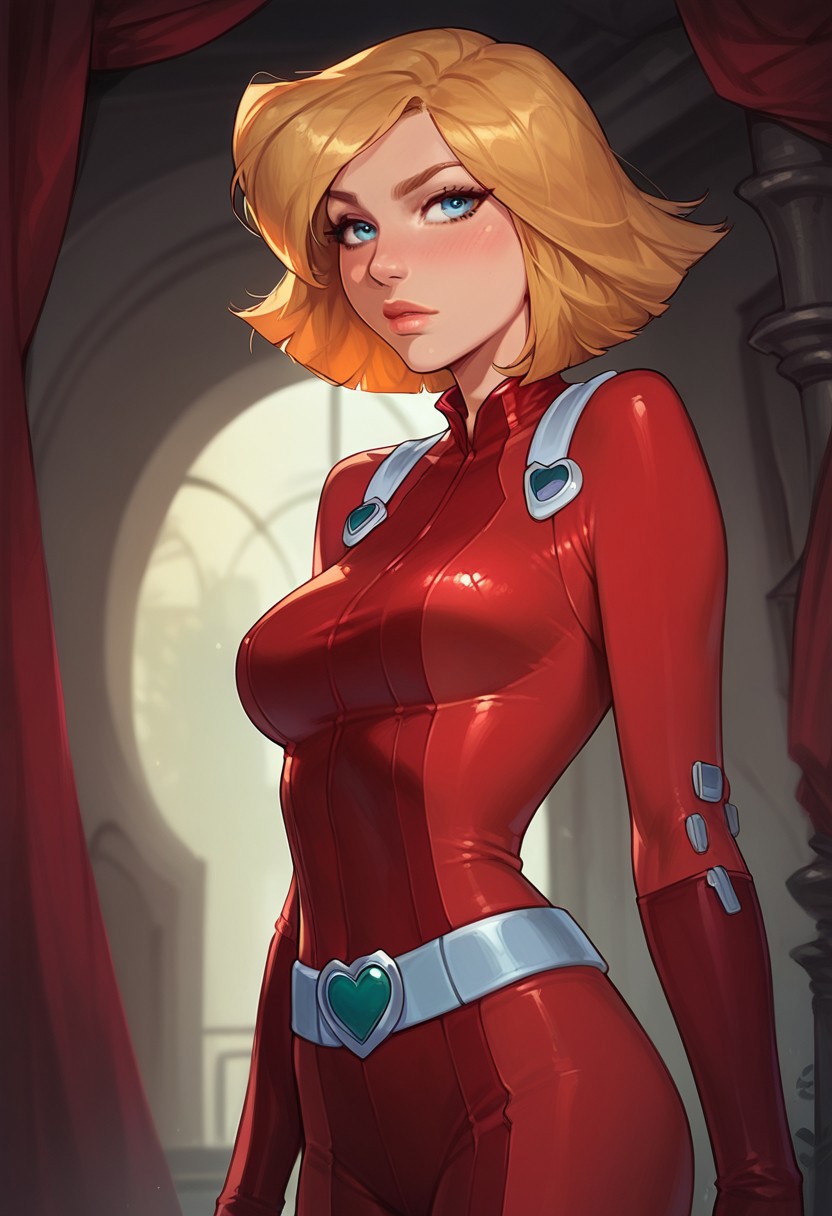 core_9, score_8_up,score_7_up, score_6_up, score_5_up, score_4_up, 1girl, clover \(totally spies\), blonde hair, short hair, blue eyes, red bodysuit, belt, round breasts,