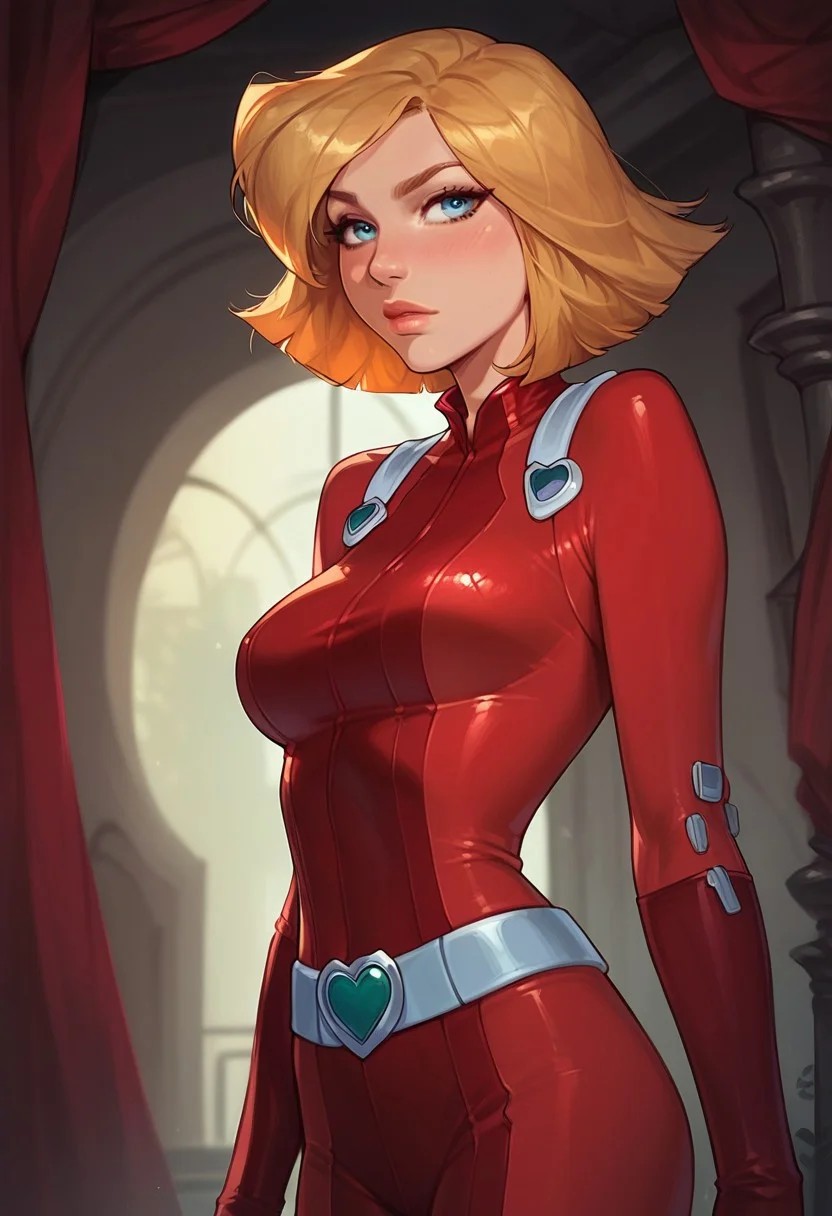core_9, score_8_up,score_7_up, score_6_up, score_5_up, score_4_up, 1girl, clover \(totally spies\), blonde hair, short hair, blue eyes, red bodysuit, belt, round breasts,