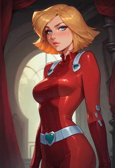 core_9, score_8_up,score_7_up, score_6_up, score_5_up, score_4_up, 1girl, clover \(totally spies\), blonde hair, short hair, blue eyes, red bodysuit, belt, round breasts,