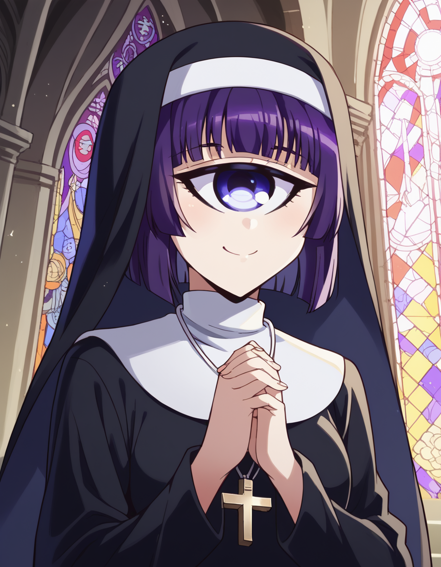 score_9, score_8_up, score_7_up, source_anime, <lora:cyclops-manako-s1-ponyxl-lora-nochekaiser:1>, manako, short hair, blue eyes, purple eyes, purple hair, one-eyed, cyclops, medium breasts,, <lora:traditional-nun-ponyxl-lora-nochekaiser:1>, traditional nun, nun, habit, long sleeves, dress, black dress, jewelry, black veil, cross, cross necklace,, church, smug, praying,, , dutch angle,
