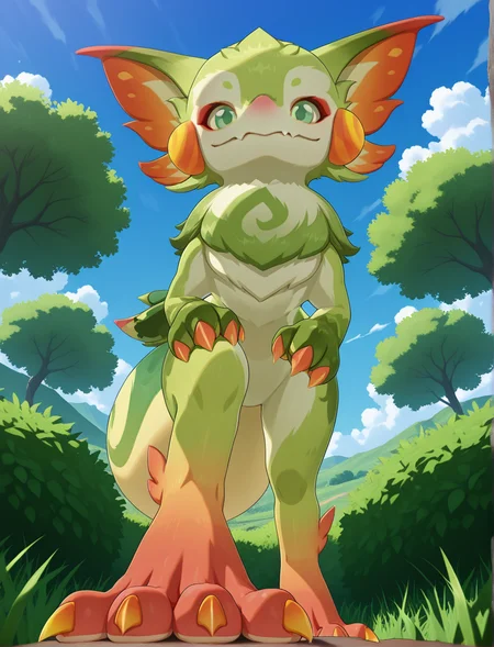 masterpiece, best quality, amazing quality, furry, feral,
yumkasaurus, large tail, round tail, red feet, green arms, 4 toes, 3 fingers, green eyes,
from below, front view, looking at viewer, standing, leaning forward, short arms, on one leg, pawpads, stepped on, pov,
BREAK,
detailed background, short green grass, green savannah background, sky, cloud, tree, bushes,