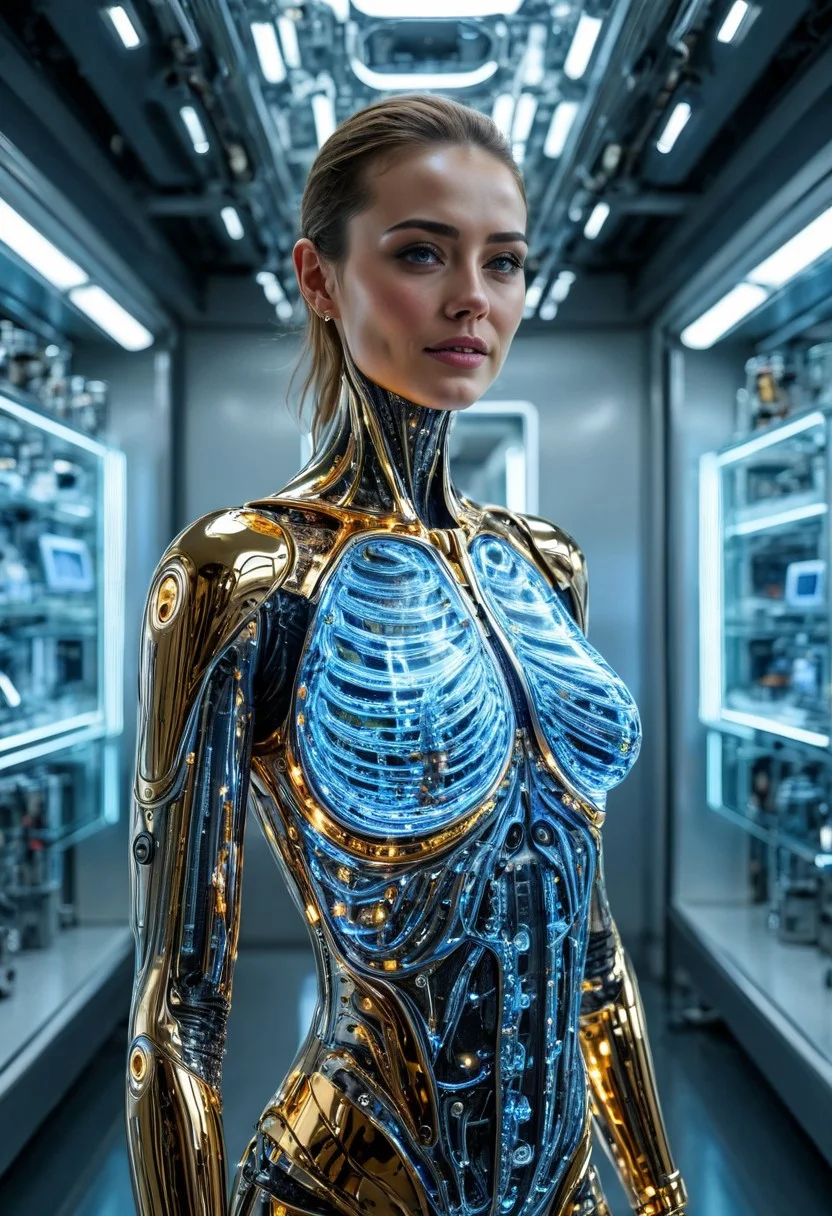 the most realistic, photorealistic photo ever taken [PORTRAIT MID BODY SHOT, extremely detailed, 8k, BEAUTIFUL FEMALE ANDROID (SEDUCTIVE SMILING:1.5), looking at the camera, IN A HIGH TECH FUTURISTIC LABORATORY, LEDS,BIOMECHANICAL BODY PARTS, (glass TRANSPARENT ULTRA DETAILED BODY shell:1.5) SHOWING blue and gold CIRCUITRY INSIDE THE BODY, Detailed hand, (DYNAMIC POSES:1.5), Perfect hand, ],ANDROID