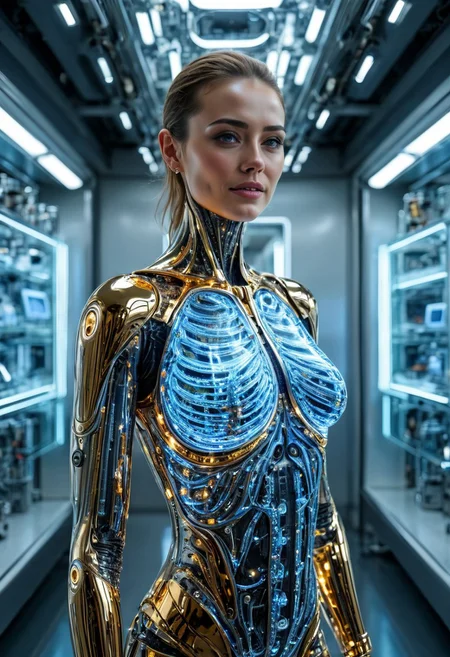 the most realistic, photorealistic photo ever taken [PORTRAIT MID BODY SHOT, extremely detailed, 8k, BEAUTIFUL FEMALE ANDROID (SEDUCTIVE SMILING:1.5), looking at the camera, IN A HIGH TECH FUTURISTIC LABORATORY, LEDS,BIOMECHANICAL BODY PARTS, (glass TRANSPARENT ULTRA DETAILED BODY shell:1.5) SHOWING blue and gold CIRCUITRY INSIDE THE BODY, Detailed hand, (DYNAMIC POSES:1.5), Perfect hand, ],ANDROID