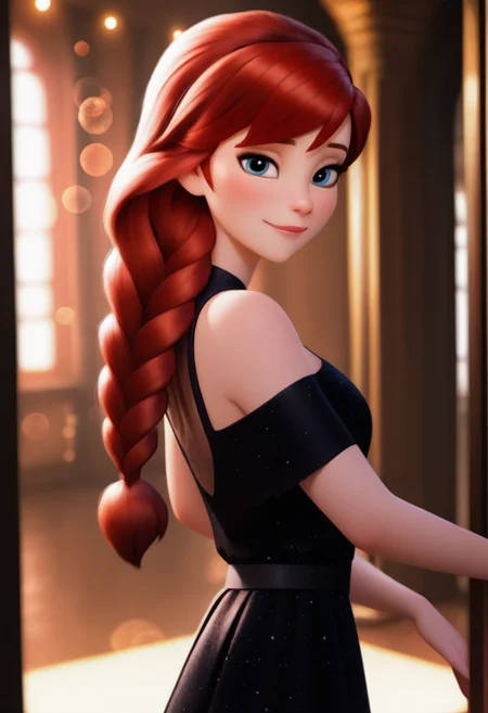 masterpiece, best quality, absurdes,  professional, 4k, highly detailed, 1girl, solo,
.35mm photograph, film, bokeh, cinematic photo casual,
<lora:All Disney Princess from Ralph Breaks the Internet (NoobAI):0.9>
Anna, Princess Anna,  a girl with long red hair and a black dress, mature female, soft smile,
indoors, blurry background, detailed background,
<lora:Detailer_NoobAI_Incrs_v1:0.4> detailed,