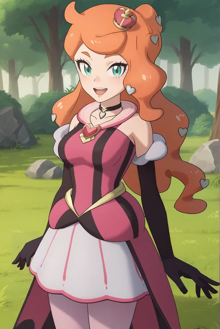 score_9, score_8_up, score_7_up, score_6_up, score_5_up, score_4_up, BREAK source_anime, 1girl, solo,
<lora:SoniaXL-v2-06:0.8>, ChopioSonia, long hair, orange hair, heart hair ornament, aqua eyes, eyelashes, looking at viewer, 
hair down, mini crown,
medium breasts, wide hips,
outfit_3, pendant choker, pink dress, bare shoulders, black elbow gloves, white skirt, overskirt, pink pantyhose,
outdoors, nature, grass, standing, smile, open mouth,