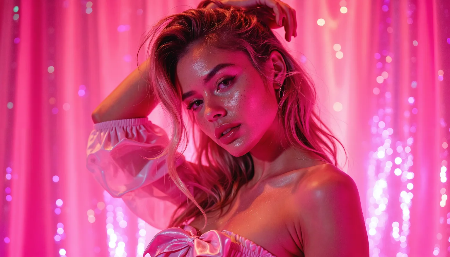 Hyper-realistic glamour photograph of a woman striking a confident, alluring pose against a glittering pink background. The model, with tousled blonde hair framing her face, arches her back and raises one arm above her head, creating a dynamic silhouette. Her expression is sultry, with slightly parted lips and a direct gaze at the camera. She wears a cropped white t-shirt featuring a cartoonish pink graphic, contrasting with her sophisticated pose. Her makeup is flawlessly applied, emphasizing her eyes with a subtle cat-eye liner and her lips with a natural glossy finish. The lighting is soft yet vibrant, accentuating her facial features and the contours of her body. Every detail is captured in sharp focus - from individual strands of hair to the texture of her skin and the sparkle of the background. The overall effect is a blend of energy and polished glamour, with the pose serving as the focal point of the composition.