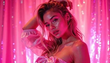 Hyper-realistic glamour photograph of a woman striking a confident, alluring pose against a glittering pink background. The model, with tousled blonde hair framing her face, arches her back and raises one arm above her head, creating a dynamic silhouette. Her expression is sultry, with slightly parted lips and a direct gaze at the camera. She wears a cropped white t-shirt featuring a cartoonish pink graphic, contrasting with her sophisticated pose. Her makeup is flawlessly applied, emphasizing her eyes with a subtle cat-eye liner and her lips with a natural glossy finish. The lighting is soft yet vibrant, accentuating her facial features and the contours of her body. Every detail is captured in sharp focus - from individual strands of hair to the texture of her skin and the sparkle of the background. The overall effect is a blend of energy and polished glamour, with the pose serving as the focal point of the composition.