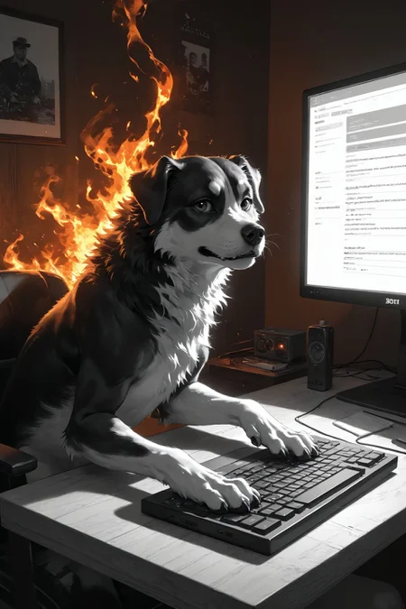 looking at viewer,detailed background,Cinematic Lighting,film grain,score_9,score_8_up,score_7_up,masterpiece,best quality,highly detailed,
<lora:(增强)sdxl_lightning_8step_lora:1>,<lora:glowneon_xl_v1:1>,glowing,<lora:Expressive_H:0.8>,Expressiveh,<lora:MythM4ngaStyle:0.4>,
realistic,computer,(no humans),keyboard (computer),monitor,english text,dog,(fire:1.2),animal,indoors,(burning:1.2),(black and red theme:1.1),(monochrome:1.1),(greyscale:1.1),